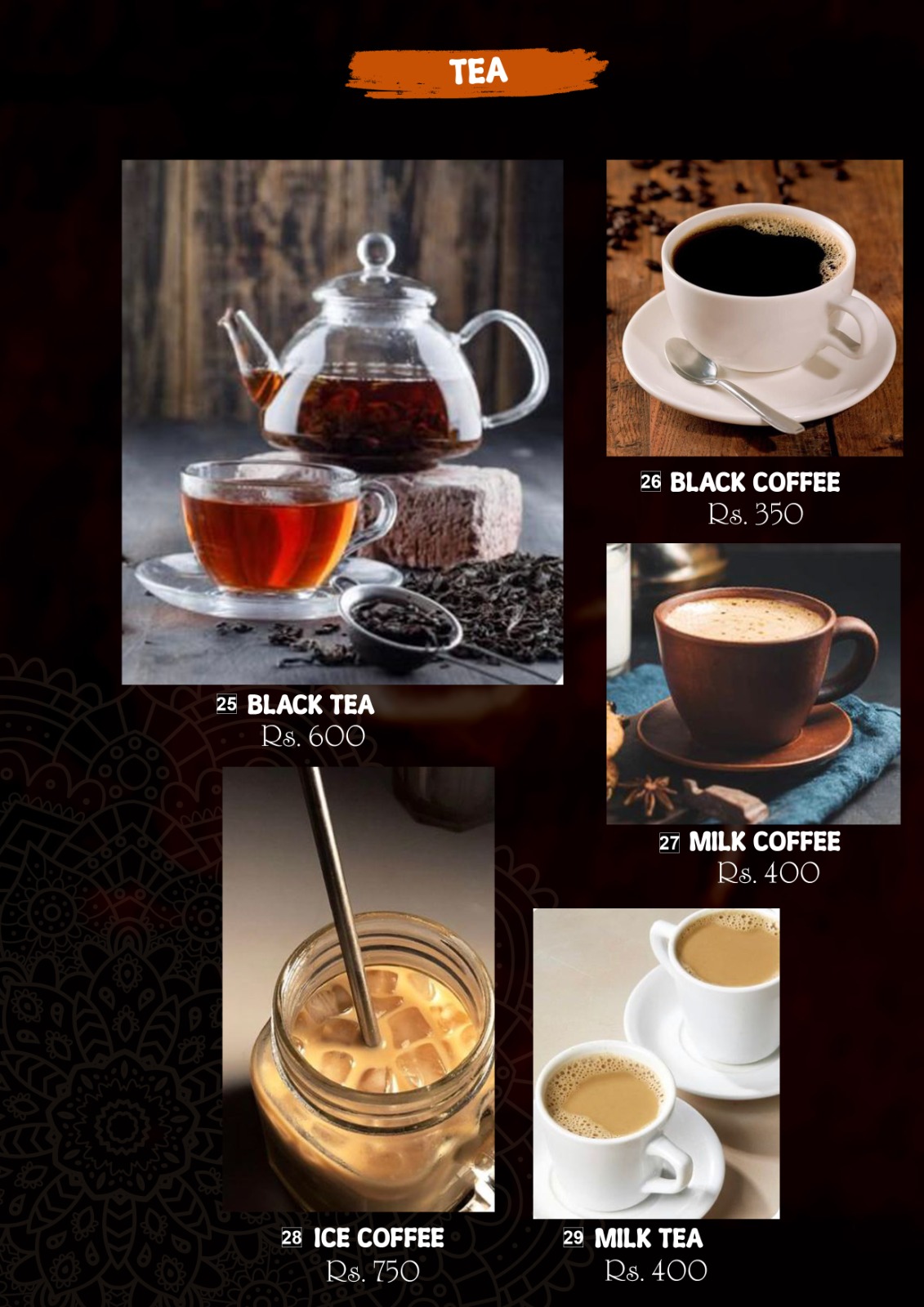 Hambu Café menu board — Tea page listing Black Tea, Black Coffee, Milk Coffee, Ice Coffee and Milk Tea with prices
